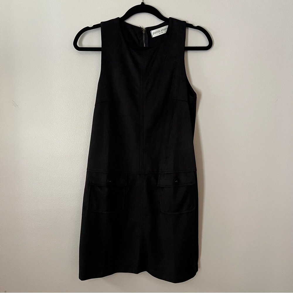 Black faux velvet dress front pocket detail